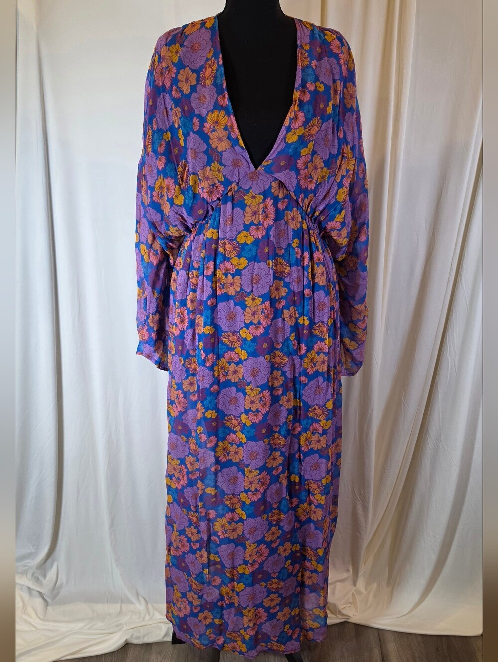 Sundress M/L Blue Purple Floral Long Sleeve V Neck Boho Maxi Dress Resort France